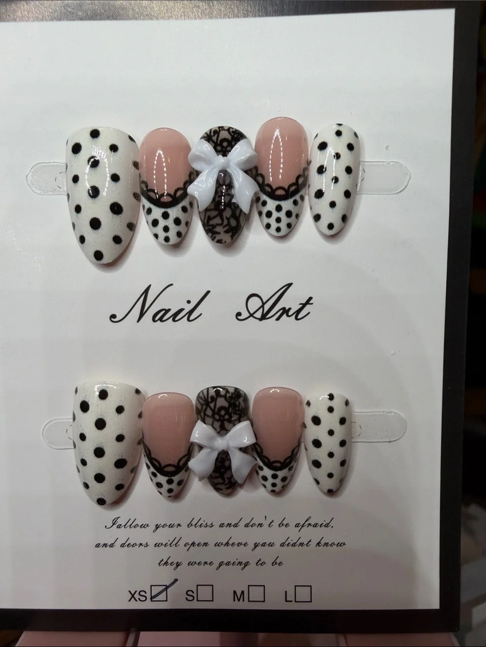 Nail Art Press-On Set in White, Black & Nude with 3D Bow Accent